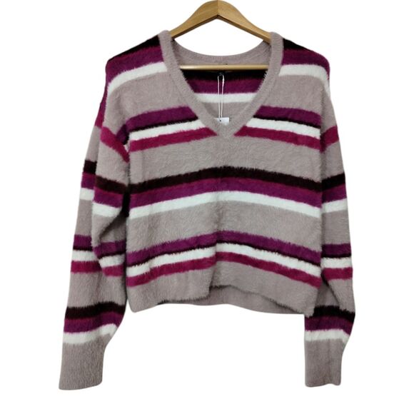 Splendid Women's Fuzzy Striped V-Neck Pullover Sweater Size L Purple NWT‎ - Picture 1 of 7